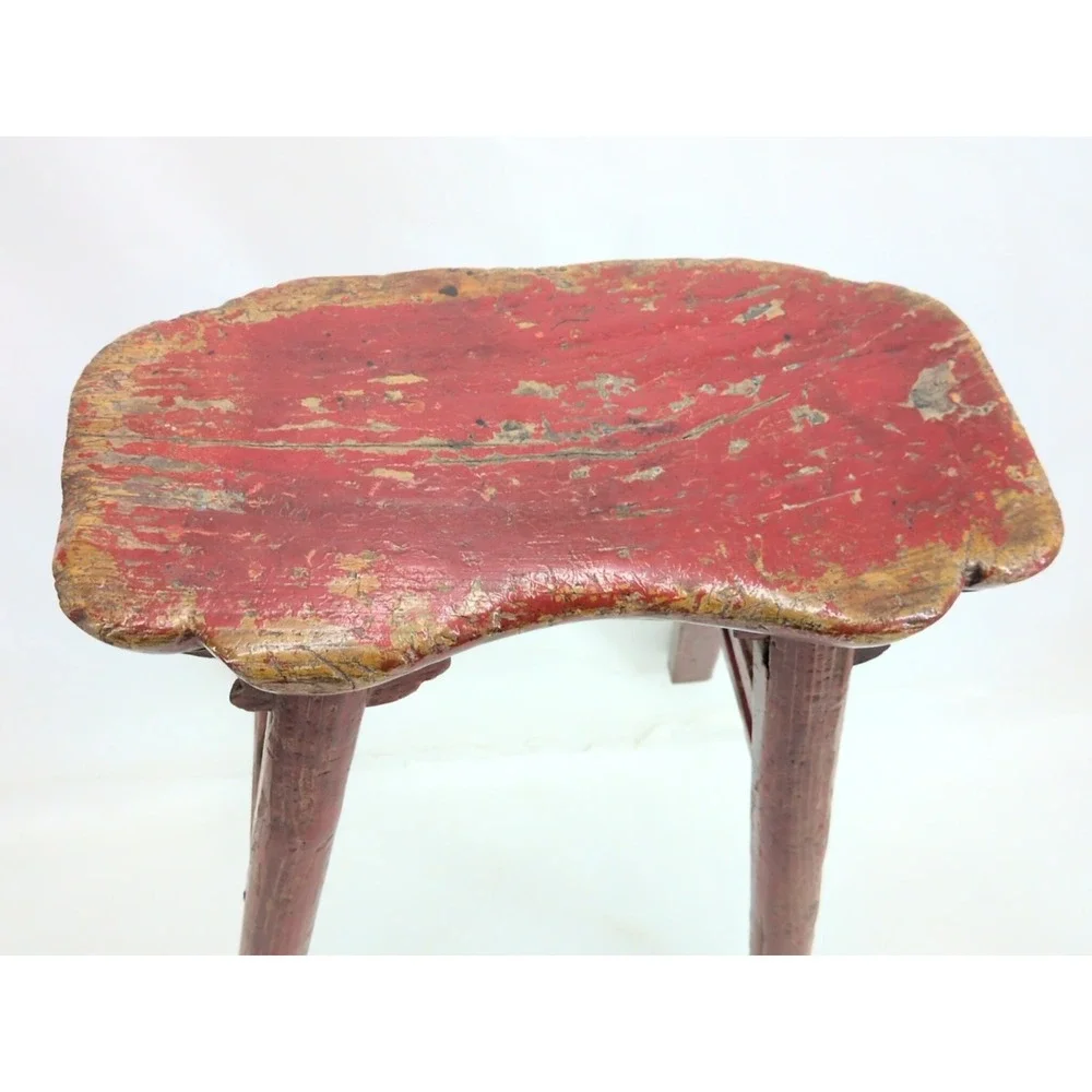 Antique Chinese Elm Red Painted Stool Chair Primitive 1900 Mortise Tenon Bench